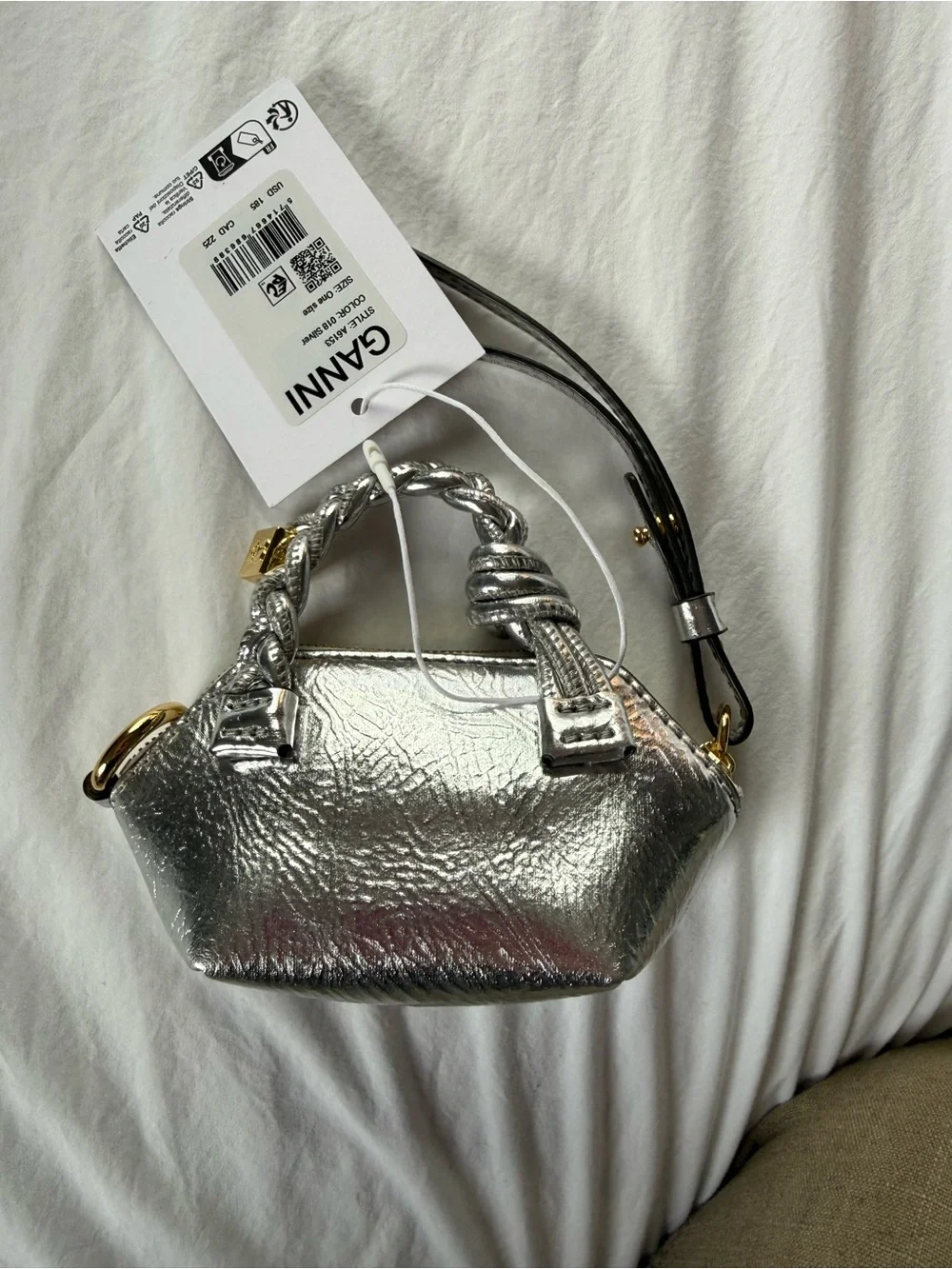 Ganni Metallic Silver Mini Braided-Handle Bag - Picture 2 of 3